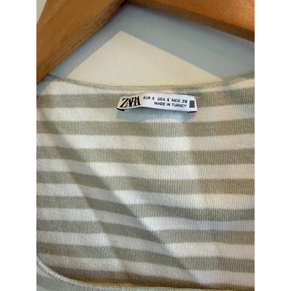 Zara Womens Beige White Striped Knit Square Neck Crop Top Short Sleeve Small - Picture 2 of 2